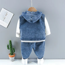 Ripped Denim Hooded Jacket + Bottoming Shirt + Pants Set