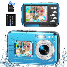 4K 11' Waterproof Camera with 64GB Card 48MP Autofocus Dual-Screen Underwater Camera for Snorkeling