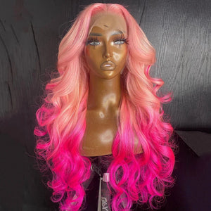 Pink Color Transparent Synthetic Lace Front Wavey Wig