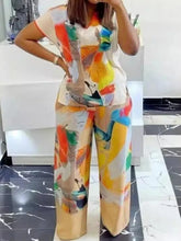 2 Piece Abstract Print Short Sleeve Top and Pants Set