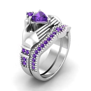 Heart Shaped Natural Purple Crystal Stainless Steel Ring Set