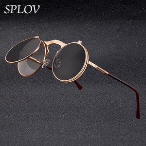 Vintage Steampunk Flip Retro Round Metal Frame Sunglasses