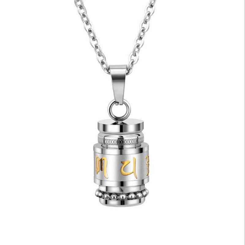 Stainless Steel Buddhism Six Word Rotatable Urn Necklace