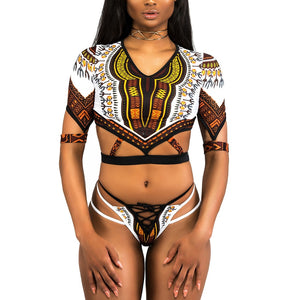 African Dashiki Print Short Sleeve Bikini Set