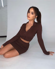 Two Piece Knitted Button Down Long Sleeve Crop Top + Mini Bodycon Skirt Set