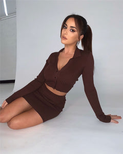 Two Piece Knitted Button Down Long Sleeve Crop Top + Mini Bodycon Skirt Set
