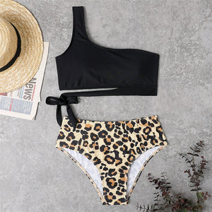 One Shoulder Leopard High Waist Swimwear