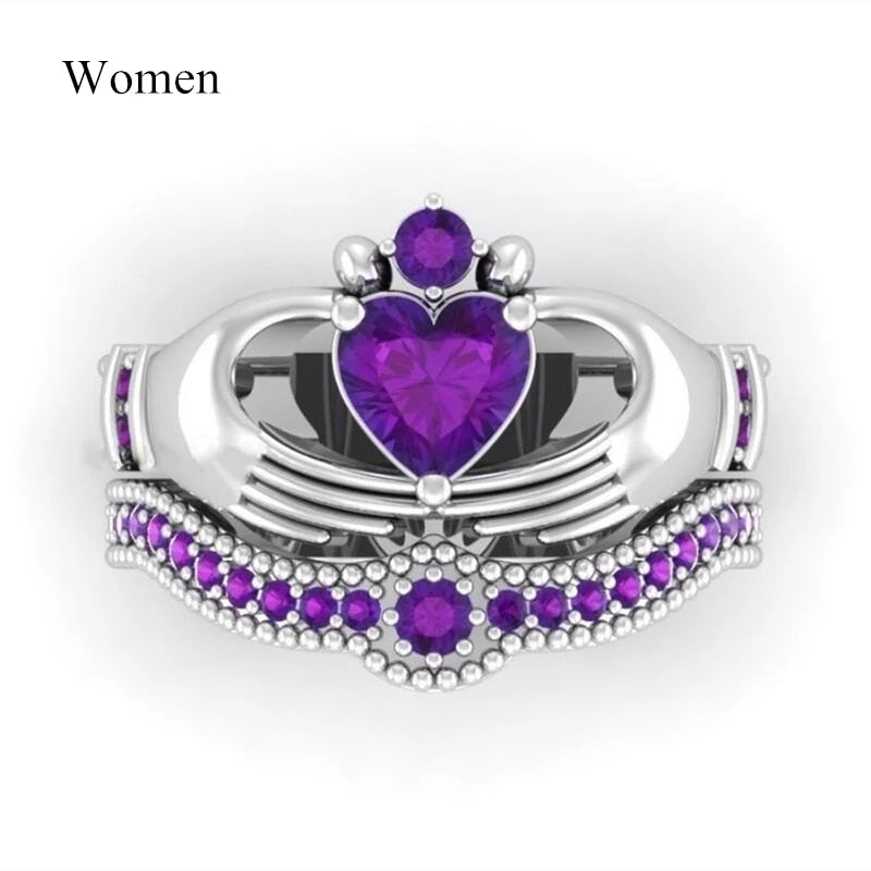 Heart Shaped Natural Purple Crystal Stainless Steel Ring Set