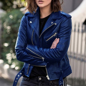Solid Faux Leather Zippered Thin Jacket