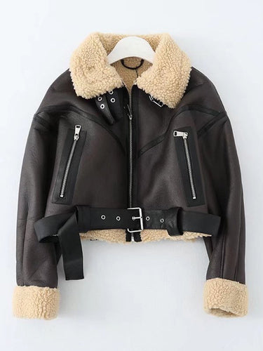 Faux Lamb Leather Fur Short Jacket with Belt