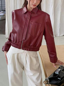 Genuine Leather Elastic Hem Jacket