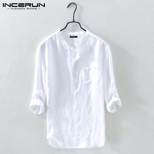 INCERUN Cotton 3/4 Sleeve Solid Color Shirt