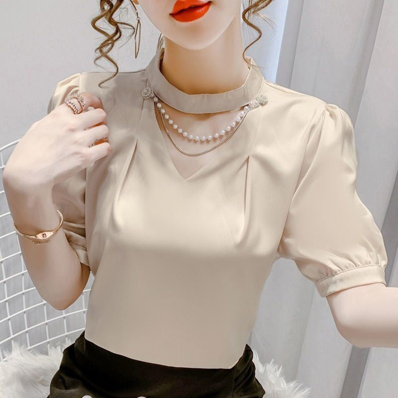 Casual Puff Short Sleeve O-Neck Pearl Blouse