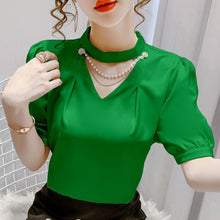 Casual Puff Short Sleeve O-Neck Pearl Blouse