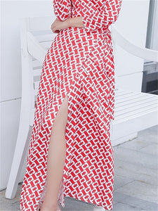 Long Multi-print Short-Sleeve Dress