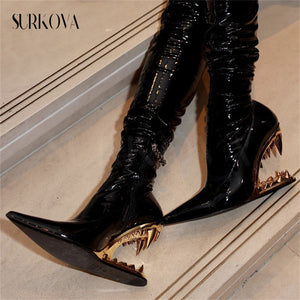 Leopard Tooth High Heel Patent Leather Over The Knee Boots