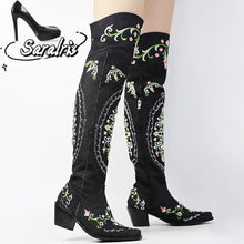 Western Pointed Toe Thick Heel Over-the-knee Denim Boots