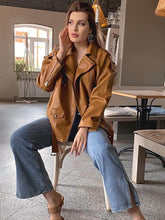 Faux Leather Loose Casual Coat With Belt