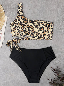 One Shoulder Leopard High Waist Swimwear