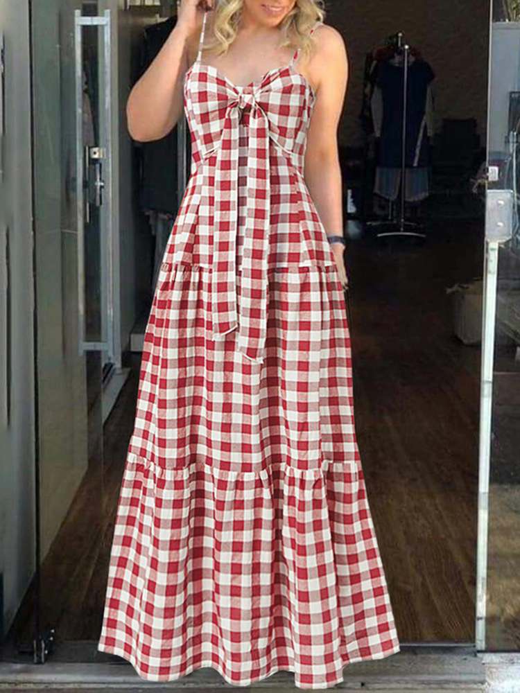 Spaghetti Strap Plaid Pleated Sleeveless Dress