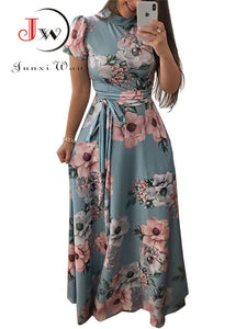 Casual Short Sleeve Floral Print Long Dress