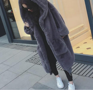Large Long Solid Color Faux Fur Hooded Coat