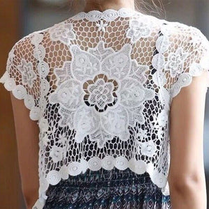 Short Sleeve Crochet Floral Lace Open Front Cropped Top