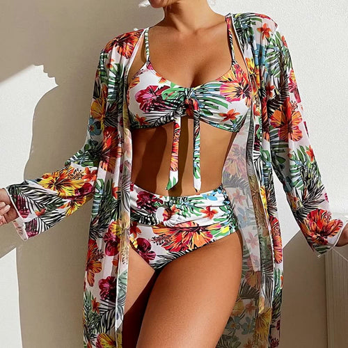 High Waist Floral Print Bikini Set With Mesh Long-Sleeved Cover Up