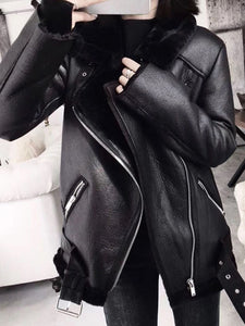 Thick Faux Leather Fur Coat