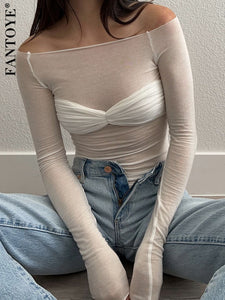 See Through Off Shoulder Long Sleeve Blouse