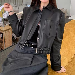 Genuine Leather Elastic Hem Jacket