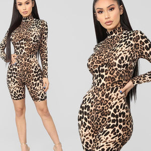 ANJAMANOR Cheetah Print Sexy Long Sleeve Jumpsuit