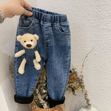 Cartoon Bear Designed Thick Warm Fleece Denim Trousers