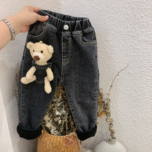 Cartoon Bear Designed Thick Warm Fleece Denim Trousers
