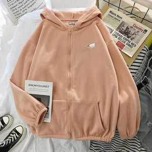 Animal Embroidered Loose Plush Zippered Hoodie