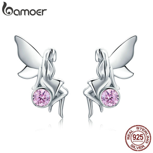 925 Sterling Silver Flower Fairy Pink Cubic Earrings